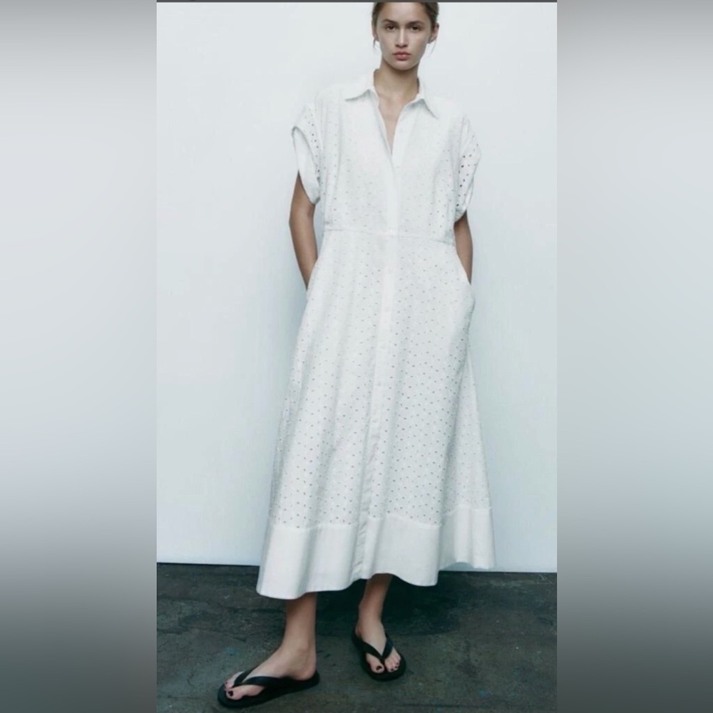 ZARA EMBROIDERED Eyelet MIDI Shirt DRESS BELTED WHITE SZ S 100% Cotton 7761/052 - Picture 3 of 12